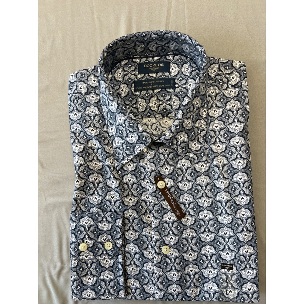 Dockers Mens Large Mercerized Cotton Button Down Shirt Navy White Geometric NWT